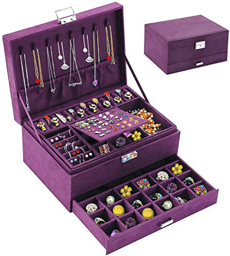 QBestry Purple Velvet Jewelry Box with Lock, Organizer for Rings, Bracelets, Necklaces, Earrings, Teen Girls & Women