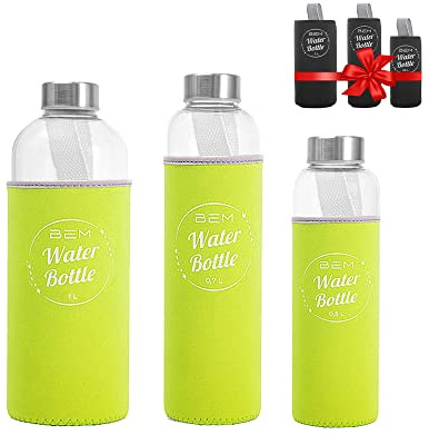 BEM Water Bottle-SET: Trinkflaschen in 3 Größen mit Hüllen-Sets (schwarz+grün)