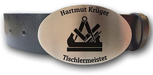 elbedruck Ledergürtel mit ovaler Gürtelschnalle Zunftzeichen Tischler und Wunschgravur personalisiert Dein Text Name Firma Gürtel Geschenk Tischlerin (M (Länge 110 cm))
