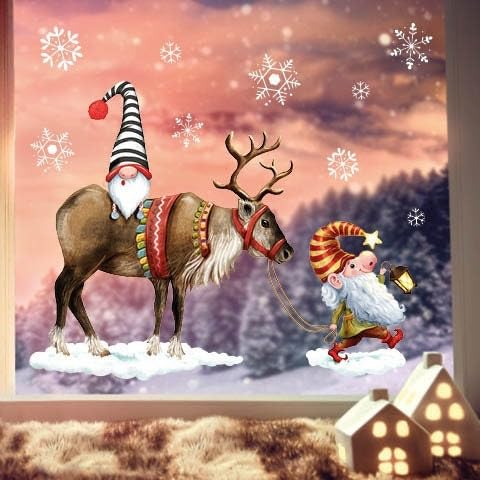 Wandtattoo Loft Fensterbilder Weihnachten Wichteln und Rentier – Wiederverwendbar – A3 Bogen – Weihnachstdeko Fenster Kinderzimmer, Weihnachtsbilder Fenster, Fensterbild Winter