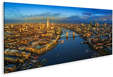 islandburner Bild auf Leinwand London England Panoramablick auf die Skyline einschließlich der ikonischen Tower Bridge Red Double D Wandbild Leinwandbild Bilder für Wohnzimmer GDUE-Pano