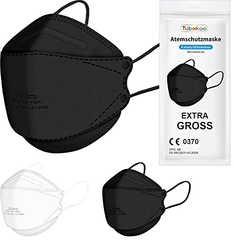 TubeRoo FFP2 Maske großer Kopf Schwarz Fischform 1 Stück Masken, CE zertifiziert Versand aus Deutschland weiche Ohrschlaufen Bänder Atemschutzmaske