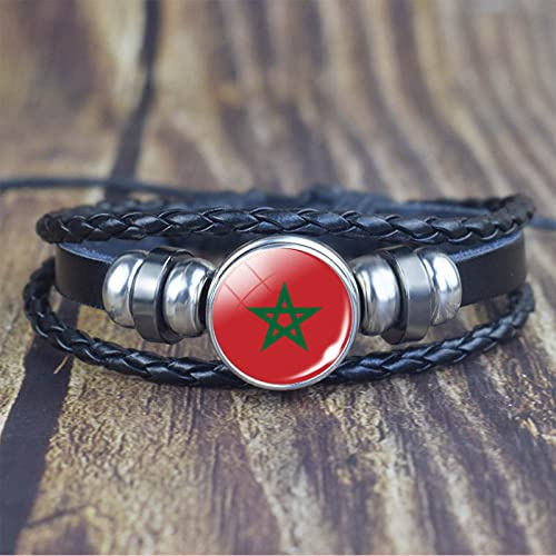 LODMLOER Marokko-Flaggen-Charm-Armband – Wappen Aus Glasedelstein Mehrschichtiges Pu-Leder-Armband Marokko-Flagge Glasknopf-Armbänder Schmuck Verstellbares Unisex-Armband Wie Abgebildet Verstellbar