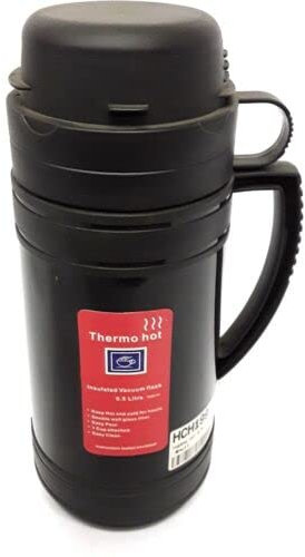 1.8l Thermo Flask Water Bottle - Vacuum Insulated Bottle for Hot/Cold Drinks - Twist & Pour Stopper - Interlocking Cups - Handle - Ideal for Camping & Travel - Black Color