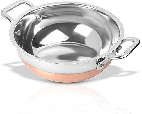 KSJONE 2 Liter Stainless Steel Kadai with Copper Bottom | Premium Heavy Gauge Steel Kadai | Indian Kadhai for Cooking | Ideal for Daily Use (2 Liter)