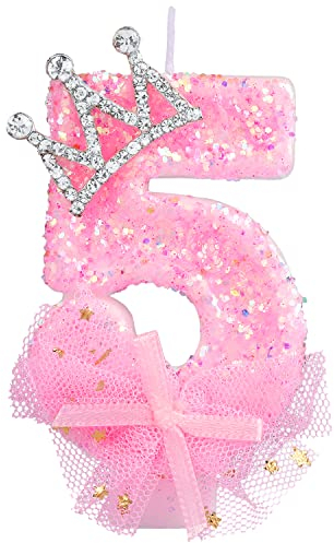 Geburtstag Nummer Kerzen, 7,5cm Kronenschleifen-Netzkerze Glitzernde Rosa Zahlenkerzen Tortenaufsatz Geburtstagskerzen Nummer mit Pailletten für Jubiläumsfeiern (Zahl 5)