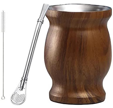 DEAUVIOR Yerba Mate 3-teiliges Teetassen-Set aus 304 Edelstahl, doppelwandig, original, traditioneller Mate-Tasse mit Yerba Mate Strohhalm und Reinigungsbürste (Kaffee)
