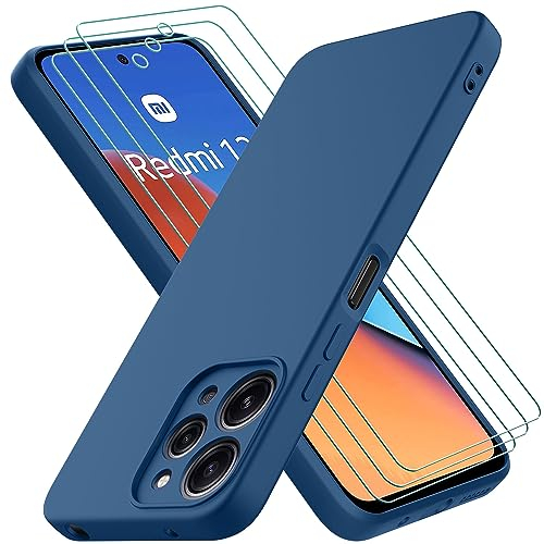 Oureidoo Funda para Xiaomi Redmi 12 con 3 Unidades Cristal Templado, Carcasa de Sedoso-Tacto Suave Silicona Líquida, Cubierta a Prueba de Golpes con Forro de Microfibra, Azul