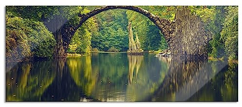 Pixxprint Glasbild Panorama, Wandbild aus Echtglas, Rakotz-Brücke Kromlau Reflexion, 100x40 cm, inkl. Aufhängung und Abstandshalter
