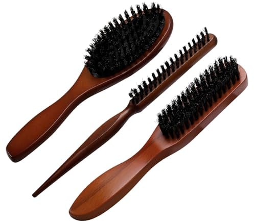Apricitie 3 Stück Wildschweinborsten Bürste, Borsten Haarbürste, Sleek Bun Bürste, Bristle Brush für Haarentwirrung und Detangling,Langes,Dickes,Lockiges