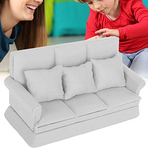 1:12 Puppenhaus Mini Sofa mit 3 Stück Kissen Wohnzimmermöbel Holz Puppenhaus Dekoration Zubehör (Grau)