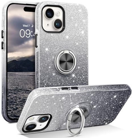 DOMAVER iPhone 15 Case - Slim Fit Glitter Sparkly with 360° Ring Holder Kickstand Magnetic Car Mount Support - Protective Case for iPhone 15 6.1, Black