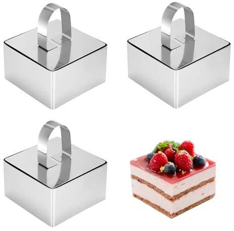 EnixwH 3Pcs Cercle a Patisserie, 8cm Diamètre Cercle Patisserie en Acier Inoxydable, Moule à Gâteau avec Poussoir, Emporte-pièces pour Pâtisseries Gâteaux Moussés Cuisson Entremets(Carré)