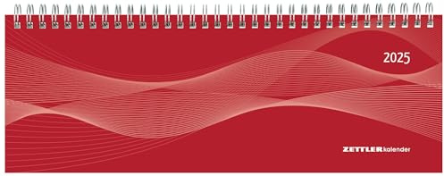 Zettler - Tisch-Querkalender 2025 rot, 29,7x10,5cm, Bürokalender mit 112 Seiten, Monatsübersicht, Notizbereich, Mondphasen, Jahresübersicht, Ringbindung und internationales Kalendarium