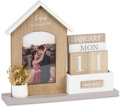 GHIAKQYT Kalender Würfel Holz Schreibtisch Ewiger Kalender - Tischkalender Block Planer Monat Woche Datum Display Holzkalender Dauerkalender mit trockenblumen,Fotorahmen Dekoration Urlaubskalender