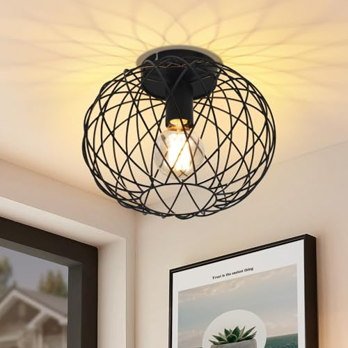 Glitzerlife Deckenlampe Schwarz Deckenleuchte Wohnzimmer - Flurlampe Vintage E27 Retro Rund 30CM Metall Lampenschirm Industrial für Gang Korride Schlafzimmer Küche (Ohne Leuchtmittel Max.40W)