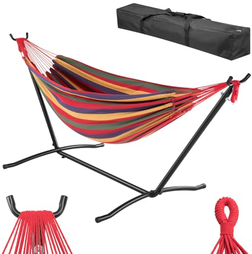 BAKAJI Amaca da Giardino a Brasiliana con Supporto in Acciaio con Borsa da Portata Salvaspazio, Telaio Comodo Multicolore e Struttura Resistente, Capacità Carico 200kg, Ideale per Esterni e Interni
