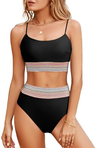 Aleumdr Push Up Bikinis für Damen Sexy High Waist Bikini Badeanzug Damen Bauchweg Zweiteiliger Sport Bikini Set Oberteil mit Bikini Hose Schwarz Größe Groß