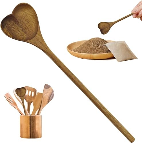 Heart Shaped Wood Spoon with Long Handle, Cooking Kitchen Utensils, Valentine Spoons Heart Shaped Bamboo Spoon, Serving Table Spoon Food Spoon Honey Spoons Kitchen Utensils