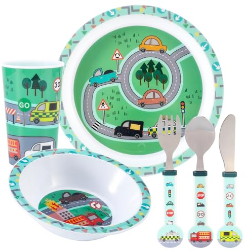 Vehicle Kids 6 Piece Reusable Dinner Set - Plate/Bowl/Cup/Knife/Fork/Spoon - Childrens Dinnerware Tableware Cutlery Set