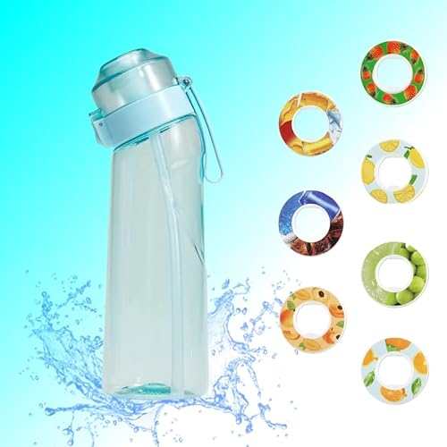 Générique Air Trinkflasche mit 7 Pods, 650 ml, Geschmackskapseln, Duft-Wasserflasche, fruchtiger Geschmack, umweltfreundlich, BPA-frei, Sport, Kinder, mit Strohhalm (Hellblau)