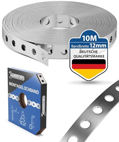 GARSIDURO® Montagelochband [12mm x 10m] | Profi Lochband aus verzinktem Stahl zur Befestigung von Kabeln, Leitungen und Rohren | Flexibles Montageband Stahl verzinkt 0,7mm stark aus Metall