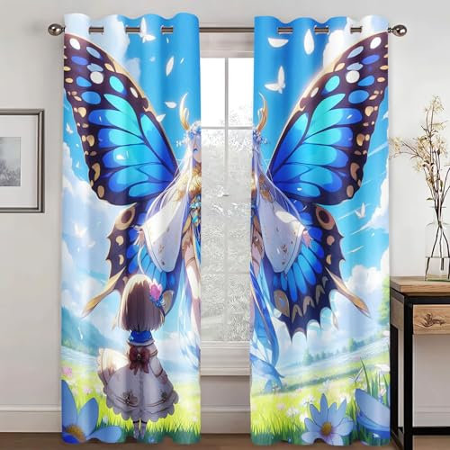KARPIX Verdunklungsvorhänge 3D Schmetterling Vorhang Blickdicht, Anime Schmetterlings mädchen Polyester Vorhänge Bunt Schmetterling Fenstervorhang Für Kinderzimmer (4,220x215cm(2x110x215cm))