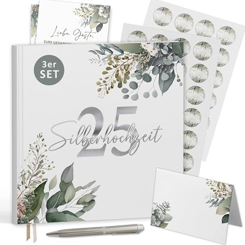 Trendanchor Gästebuch-Set zum 25. Hochzeitstag im Eukalyptus-Design - mit Tischkarten, Aufkleber - Blanko ohne Fragen zum Ausfüllen 72 Seiten