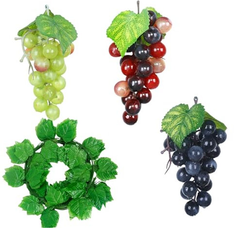 Hachera 7 Stück Künstliches Obst Gemüse Dekoration, Kunststoff Weintrauben, Weintrauben Deko, Deko Kunststoff Weintrauben, Für Gartendekoration, Obststützen, Dekorative Früchte(Grün& Onyx& Schwarz)