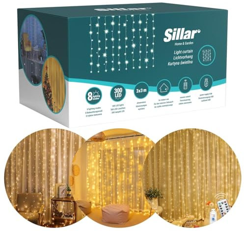 Sillar Lichtervorhang 3x3m LED, Lichterketten vorhang mit 8 Modi, 300LEDs, Innenbereich, Deko für Partydekoration, Weihnachten, Innenbeleuchtung (warmweiß)