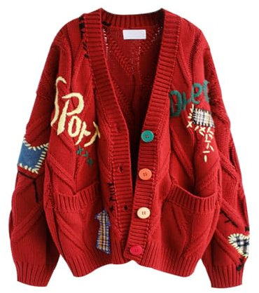 AMhomely Women's Cable Knit Long Sleeve Open Front Cardigan Sheep V-Neck Button Down Embroidery Wool Blend Sweater Coat Outwear Red
