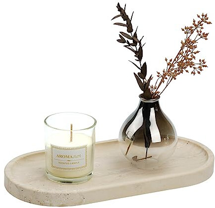 Cahzfie Luxuriöse Italien Travertin Oval Badezimmer Tablett, Marmortablett, Schmuckschale, Kerzentablett, Deko Tablett für Küchenspüle, Badezimmer, Arbeitsplatte, Kosmetik (Travertino Romano)