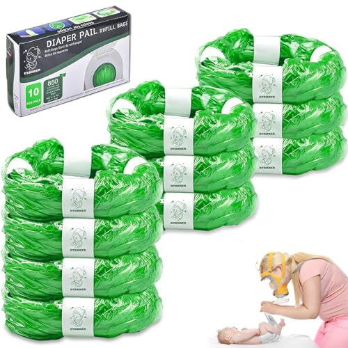 DYDHRER Nappy Bin Refill,10 Pack Nappy Bin Refill Bags compatible with Tommee Tippee Twist & Click Refill- Max Odor Lock and Germ Protection, Newborn Baby Diaper Pail Liner(Green)