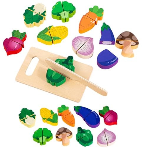 Wooden Toy Food Set for Kids Kitchen Vegetable Cutting Play Pretend Play Food Toy with Wooden Knife & Magic Tape Design Montessori Learning Gift for Boys Girls 3+
