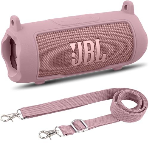 Khanka for JBL Flip 7 Silicone Protective Cover with Detachable Shoulder Strap, Shockproof Soft Case for JBL Flip 7 Portable Bluetooth Speaker,Case Only (Pink)