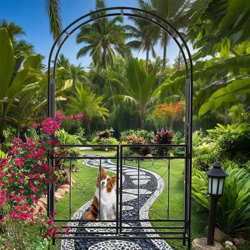 Gartenbogen mit Tür, Rosenbogen aus Metall, für Kletterpflanzen, 2,1 m hohe Stahlpergola, Outdoor-Gartenlaube, schwarzes Rankgitter für Rosen und Reben