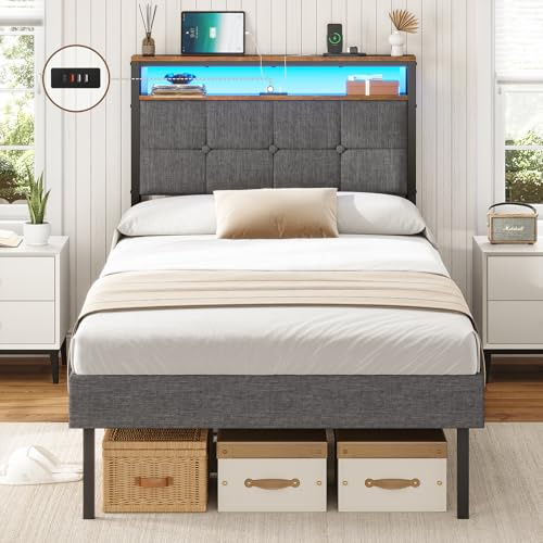Upholstered Platform Bed Frame With LED Lights & Charging Station,Double bed frame with Upholstered Storage Headboard /Strong Metal Slats Support/Under Bed Storage/Noise Free (Single-90x190cm)