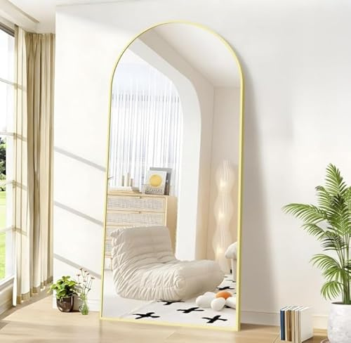 KOCUUY Bogen Standspiegel, 203 x 91 cm Großer Gewölbter Ganzkörperspiegel, Groß Wandspiegel mit Gold Aluminium Rahmen, Hängend, Stehend, Kippbar, für Wohnzimmer, Schlafzimmer und Flure