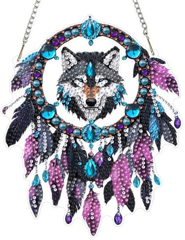 KEYIFA 5D Wolf Traumfänger Diamond Painting Fensterbilder Erwachsene, DIY Diamond Painting Beidseitig Anhänger, Hängende Art Window Pictures Kit für Wohndeko Gift 20x20cm
