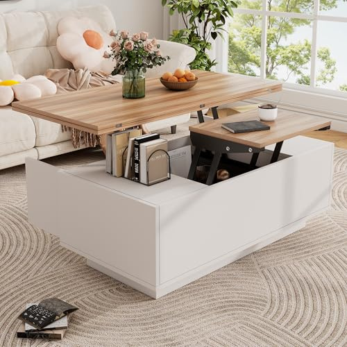 Bladez Couchtisch mit höhenverstellbarer Platte | 2-in-1 Multifunktionstisch, Mit 2 Schubladen & Schrank | Weiß & Holzumwandelbar in Esstisch | (White 3+ Particle Board)