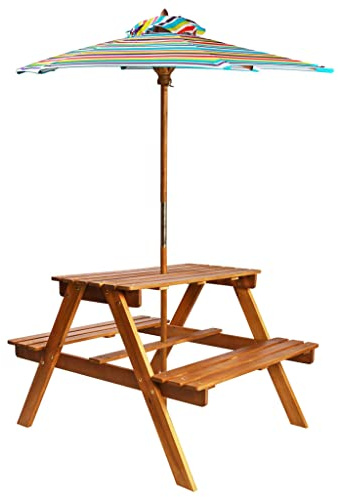 QZZCED Table de pique-nique en bois d'acacia massif avec parasol amovible 79 x 90 x 60 cm Ensemble complet avec bancs intégrés pour activités extérieures robuste et durable