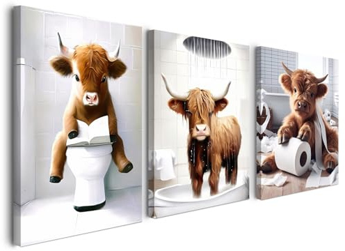 Alptiny Gerahmtes Badezimmer Wandbild Set 30×40 cm 3er Set Lustige Highland Kuh Bad Deko für Gäste WC und Bad Gerahmte Wandbilder mit Haken, Nägeln und magischer Klettbefestigung sofort aufhängbar