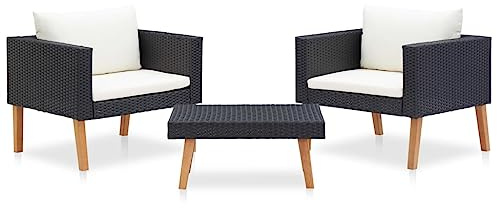 Mokuyary 3-TLG. Garten-Lounge-Set mit Auflagen Poly Rattan Schwarz Gartenmöbel Set, Outdoor Balkonset Terrassenmöbel, Gartenlounge Sitzgruppe für Terrasse, Balkon, Garten -D