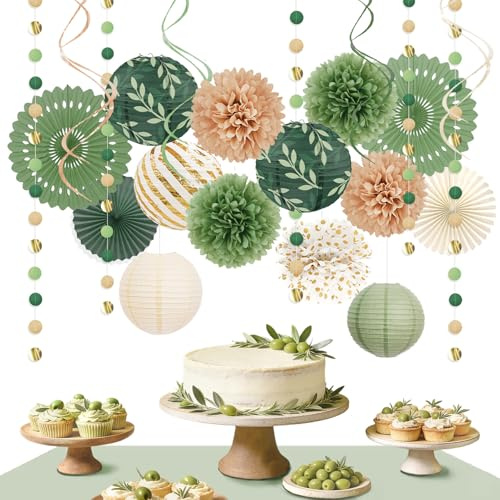 AOBKIAT Geburtstag Grün Babyparty Deko kit,21 Stück in Salbeigrün und Khaki | mit Seidenpapier Pompons,PapierLaterne,Papierfächer,Luftschlangen und Papier Girlande für Hochzeits,Brautpartys
