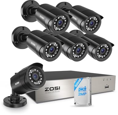 ZOSI 1080P Aussen Überwachungskamera Set 8CH 500GB DVR und 6 Außen 1080P Verkabelt Video Sicherheitskameras, Personen- und Fahrzeugerkennung, Bewegungserkennung