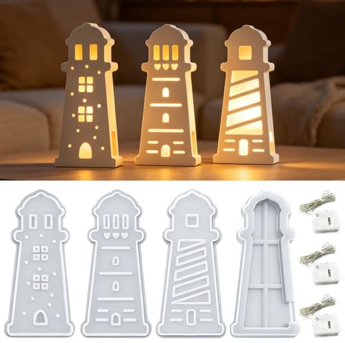 TZEKING 7 Stück Maritime Leuchtturm Silikonformen Gießformen,mit 3m(3X1m) Lichtkette,Leuchtturm Gießformen Silikon Sommer,für Geschenke Heimdekoration