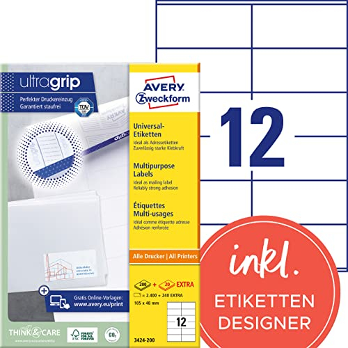 AVERY Zweckform 3424-200 Adressaufkleber (2.400 plus 240 Klebeetiketten extra, 105x48mm auf A4, individuell bedruckbare Absenderetiketten, selbstklebende Adressetiketten mit ultragrip) 220 Blatt, weiß