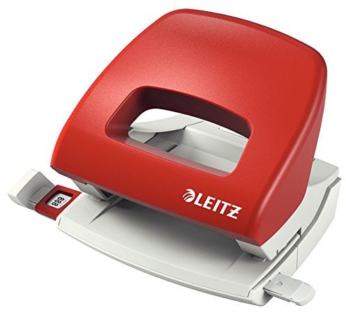 Leitz Kleiner Büro Locher aus Metall, 16 Blatt, Anschlagschiene mit Formatangaben, Ergonomisches Design, rot, 50386025