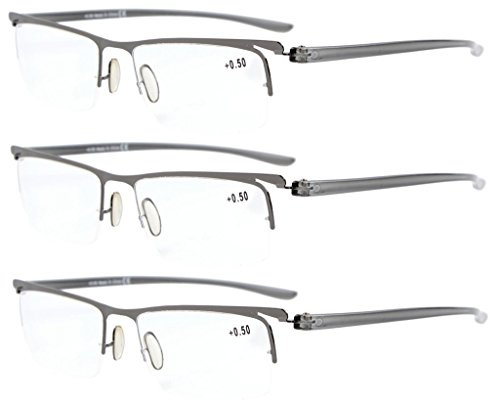 Eyekepper 3 Pairs Half-rim Reading Glasses Gunmetal Frame Reader Eyeglasses for Men Women Reading +3.00