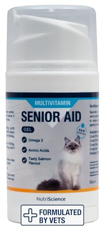 NutriScience Senior Aid Cat Gel – 150ml Senior Cat Supplement – Supports Cognitive Function, Joint Health, Immunity & Heart – With Glucosamine, Omega 3, L-Carnitine – Easy Daily Pump